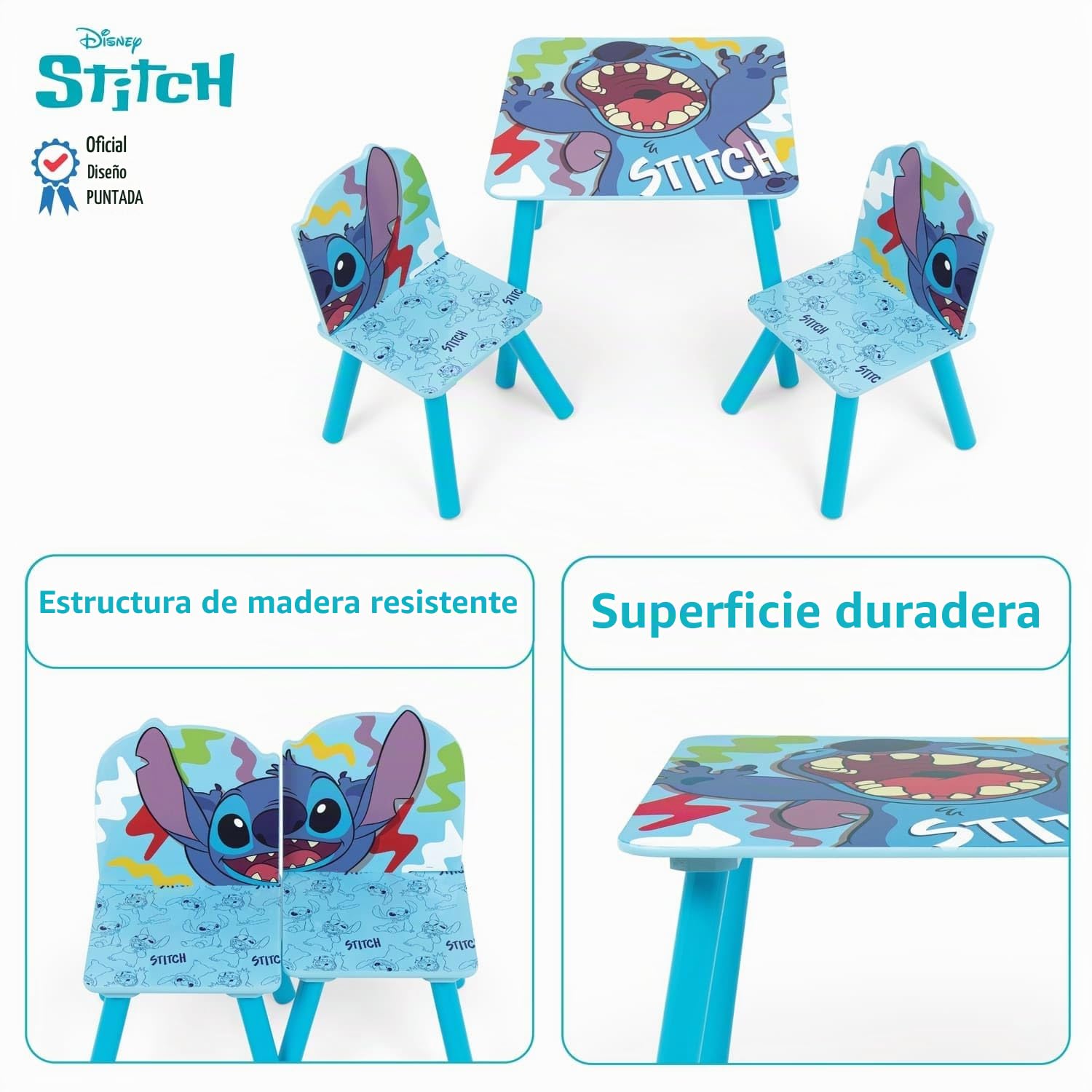 ARDITEX - Set de Mesa y 2 Sillas Infantiles de Madera - 50x50x44 cm y 26,5x26,5x50 cm - Ideal para Jugar, Pintar y Hacer Manualidades - Licencia Oficial Stitch