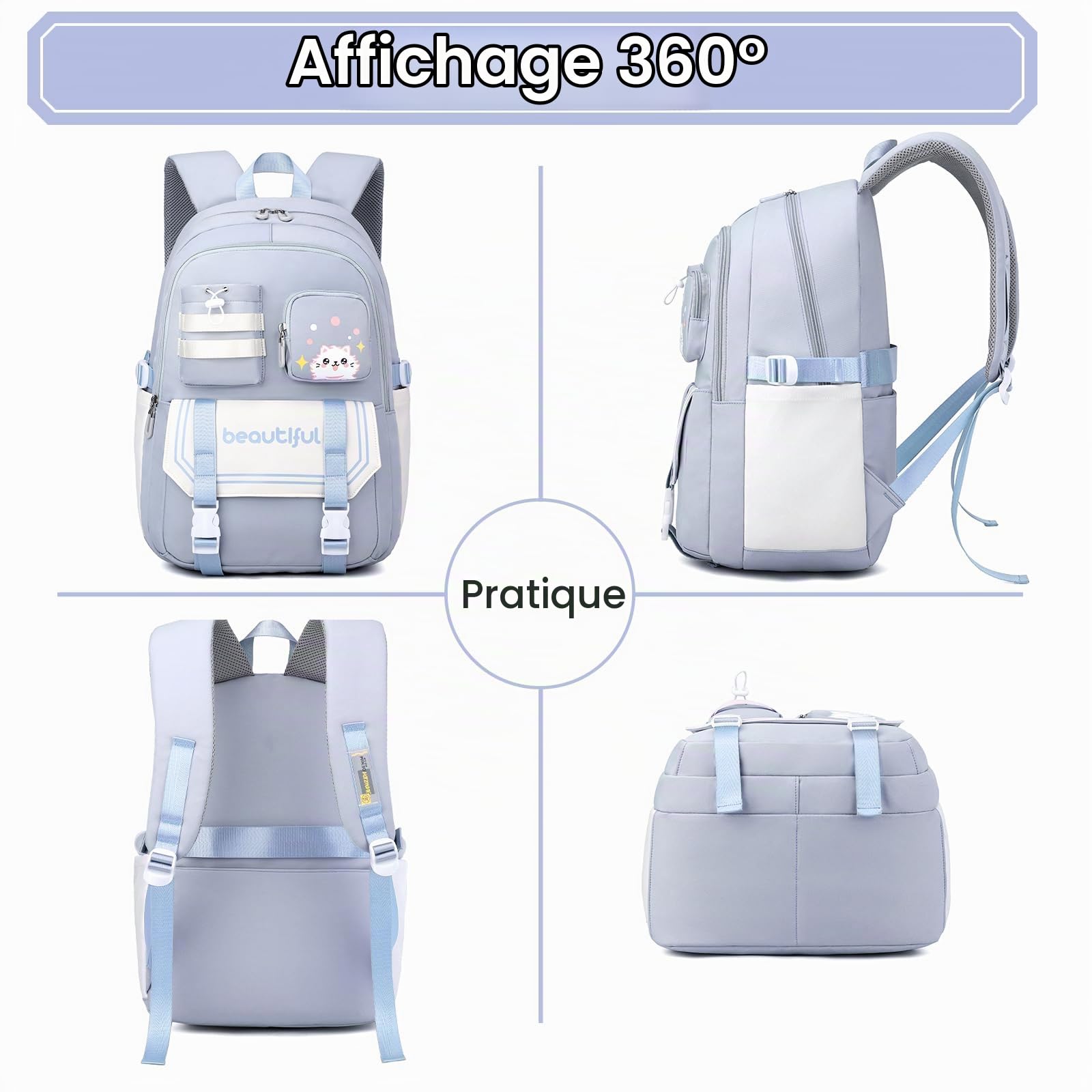 IvyH Sac A Dos pour Enfant Adolescentes Cartable Fille Primaire, Kawaii Sac D'école pour Fille Garçon 8 10 à 16 ans, Sac Ecole Léger et Imperméable, 30x20x46 cm, Bleu