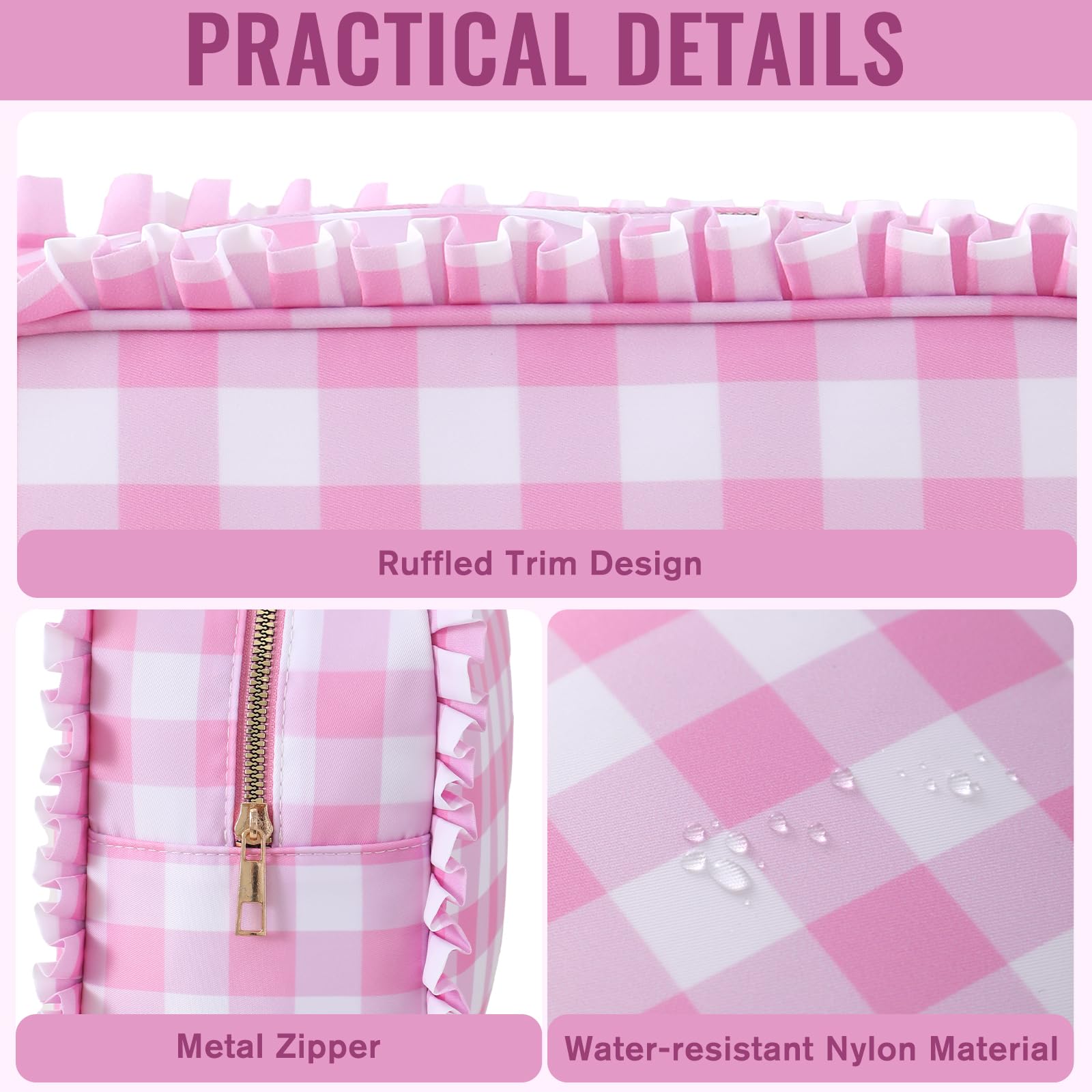 Make-up-Tasche mit Rüschen, Gingham-Muster, Rosa | Reißverschluss, großes Fassungsvermögen, Reise-Organizer für Kosmetik-Accessoires, Pinsel, Hautpflege, für Damen und Mädchen