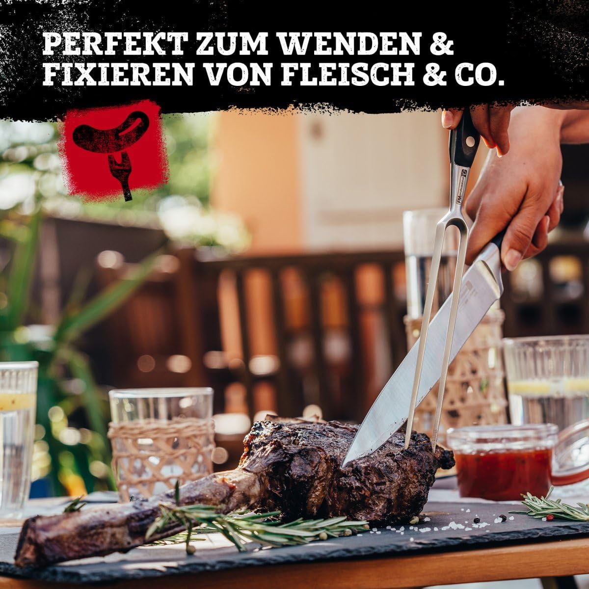 FMProfessional Fleischgabel für Steaks, Braten & Gemüse by Fackelmann – Grillgabel mit langen Zinken – Tranchiergabel zum Wenden und fixieren von Fleisch & Co.