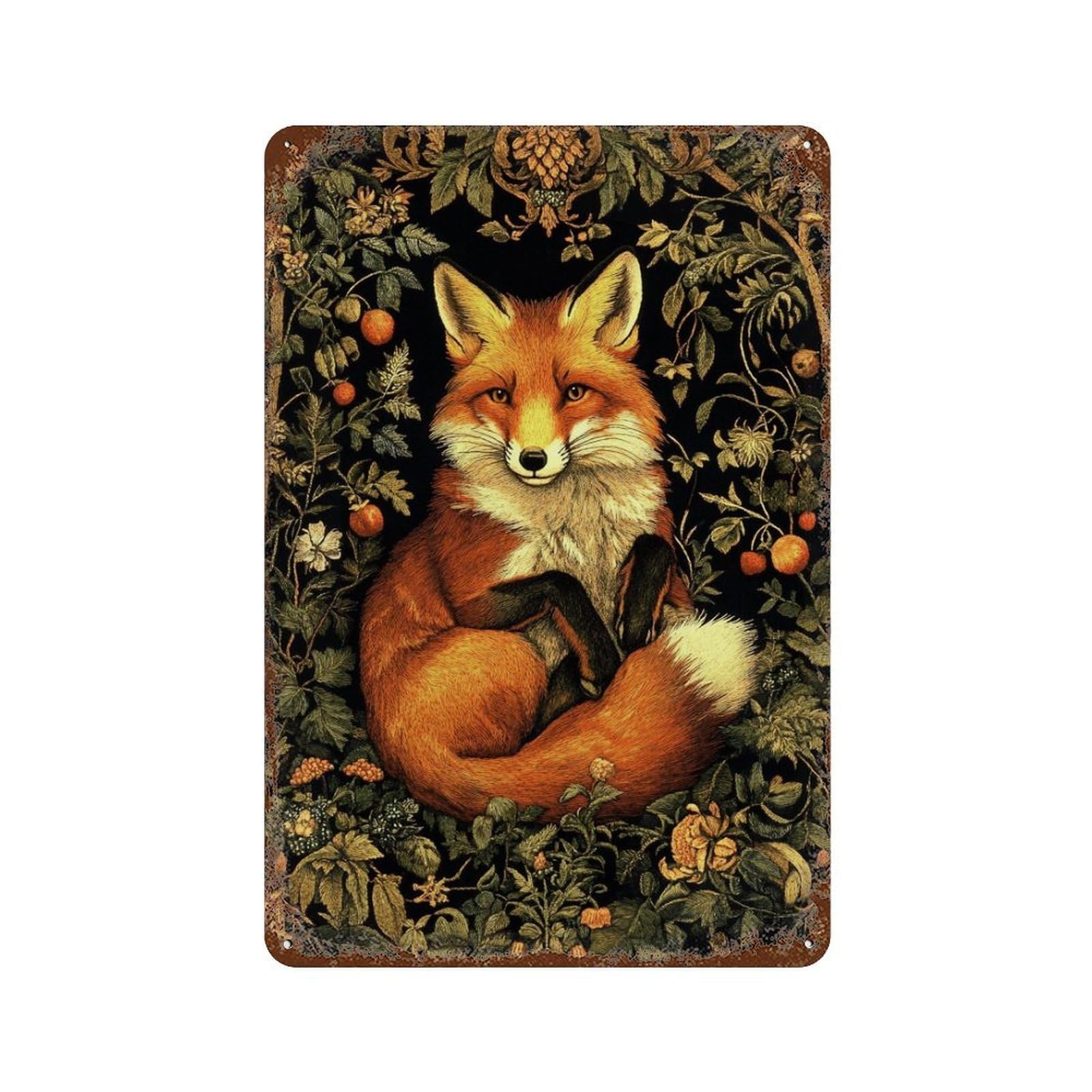 Garden Fox Art Print Vintage Rust Metal Sign 11.8"x7.9", Shabby Chic Decor for Garage, Pub Or Kitchen