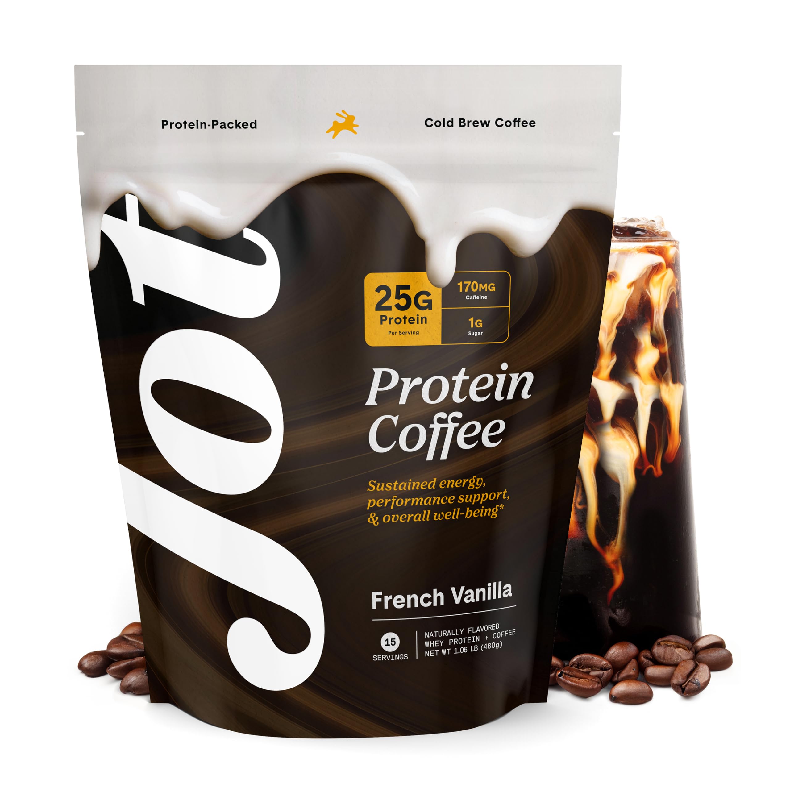 Jot Protein Iced Coffee – 25g Grass-Fed Whey, Only 4 Ingredients – 170mg Caffeine, 1g Sugar, No Artificial Sweeteners – Mix with Water, Milk or Smoothie – French Vanilla (15 Servings)