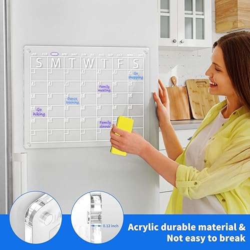Miniatura 7 de AITEE Calendario magnético acrílico de borrado en seco para refrigerador, calendario de borrado en seco transparente de 16 x 12 pulgadas