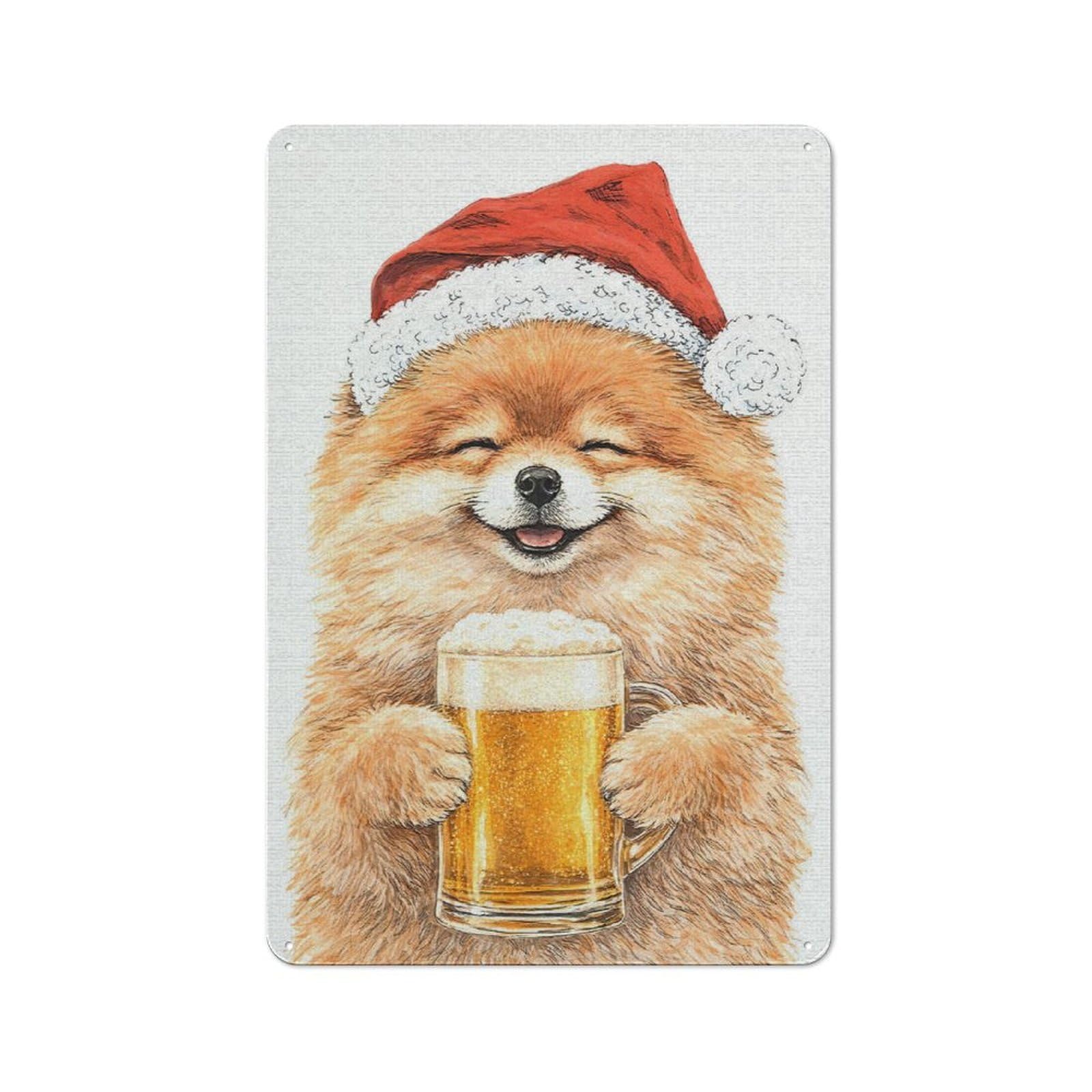 Junmoney Style-24 Vintage Metal Sign 30X20cm Featuring Pomeranian Dog In Santa Hat With Beer For Pub Or Café, Wall Decor For People Reorganising Pub And Café