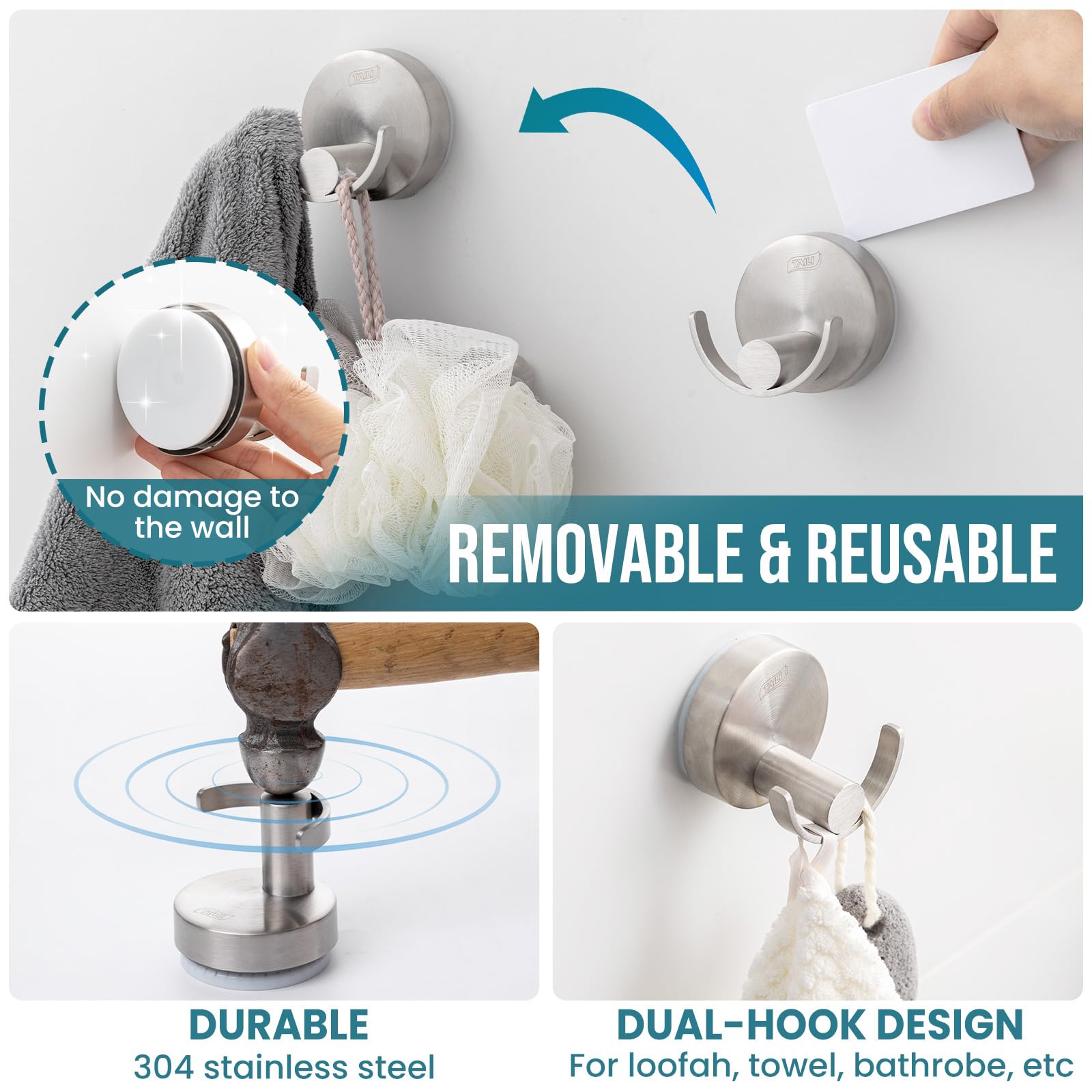 TAILI 304 Stainless Steel Bathroom Suction Hooks for Towel Bathrobe Loofah Patented Strong Suction Cup Holder No Damage — view 7