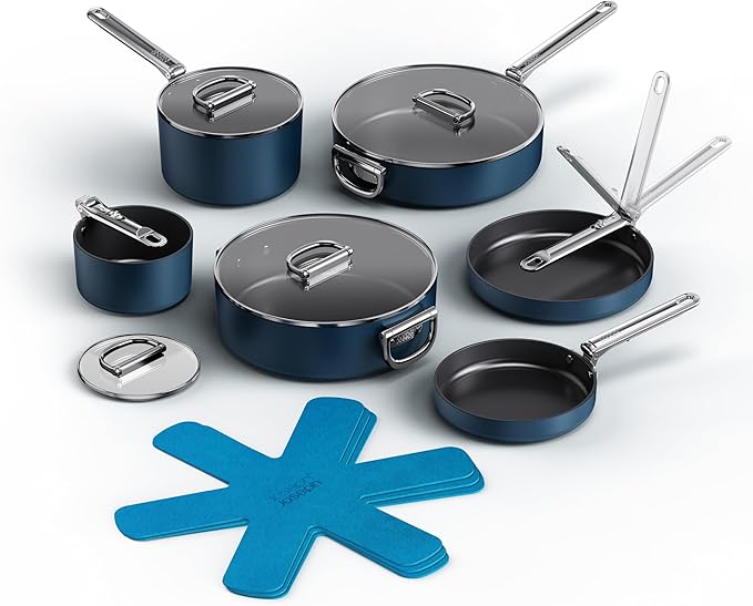 Joseph Joseph Space 10 Piece Nonstick Pots and Pans Set with Lids, Nesting Cookware, Ceramic Coating, Induction & Oven Safe