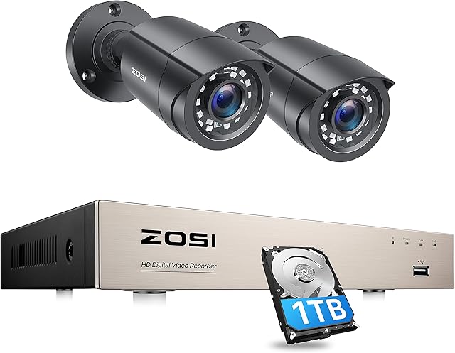 ZOSI 8CH 1080P Home Security CCTV Camera Systems 1TB Hard Drive 5MP Lite Remote DVR Security Camera System (CCTV Kits) 2x 2MP(1920x1080P) Outdoor Bullet Cameras