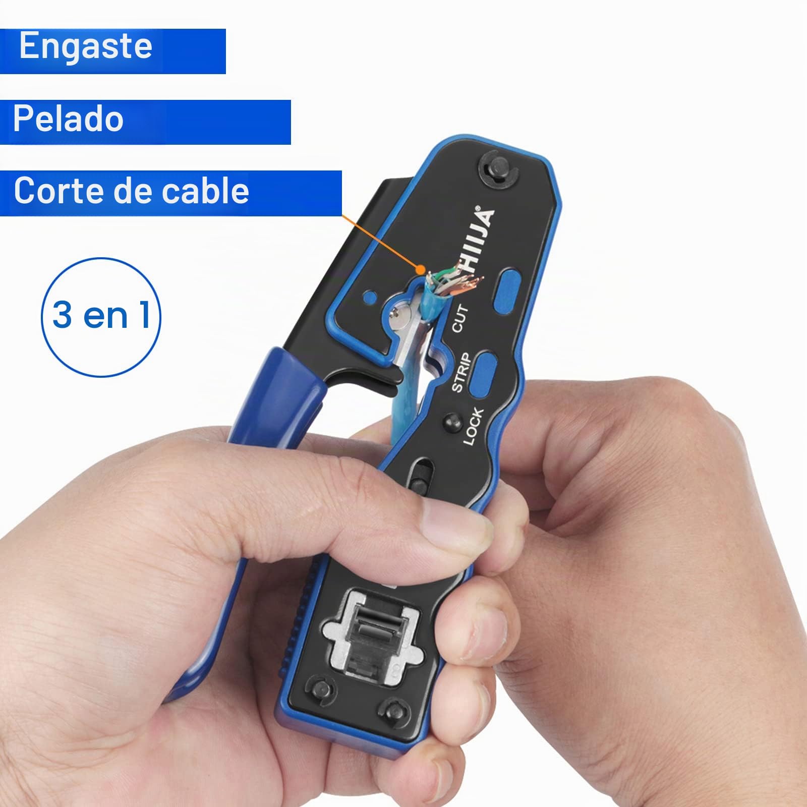Kit Crimpadora RJ45 Cat6 Cat5e Cat5 con Comprobador de Cable, Herramienta Ethernet 3 en 1 con Pelacables, 50 Conectores RJ45 Pasantes y Fundas