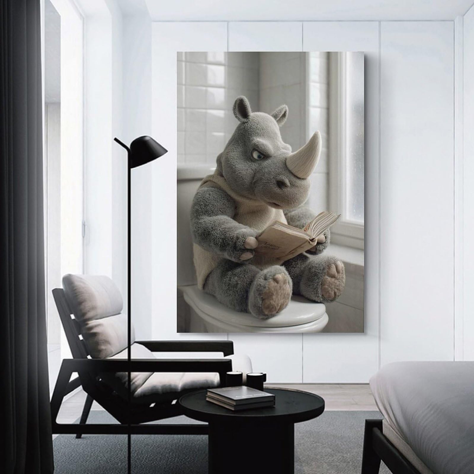 Junmoney Unframe-Style-19 Rhino Reading A Book On A Toilet Canvas Wall Art 24X36inch(60X90cm), For Workspace Walls, Study Corners Or Bedrooms, Wall Art That Adds Style To Work Areas