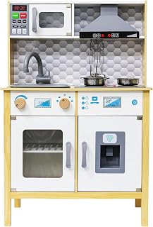 Play Kitchen for Kids Toddlers, Toy Kitchen Playset with Real Lights & Sounds, Wooden Play Kitchen with Cooking Set, Ice Maker, Microwave, Oven for Girls Boys Ages 3+