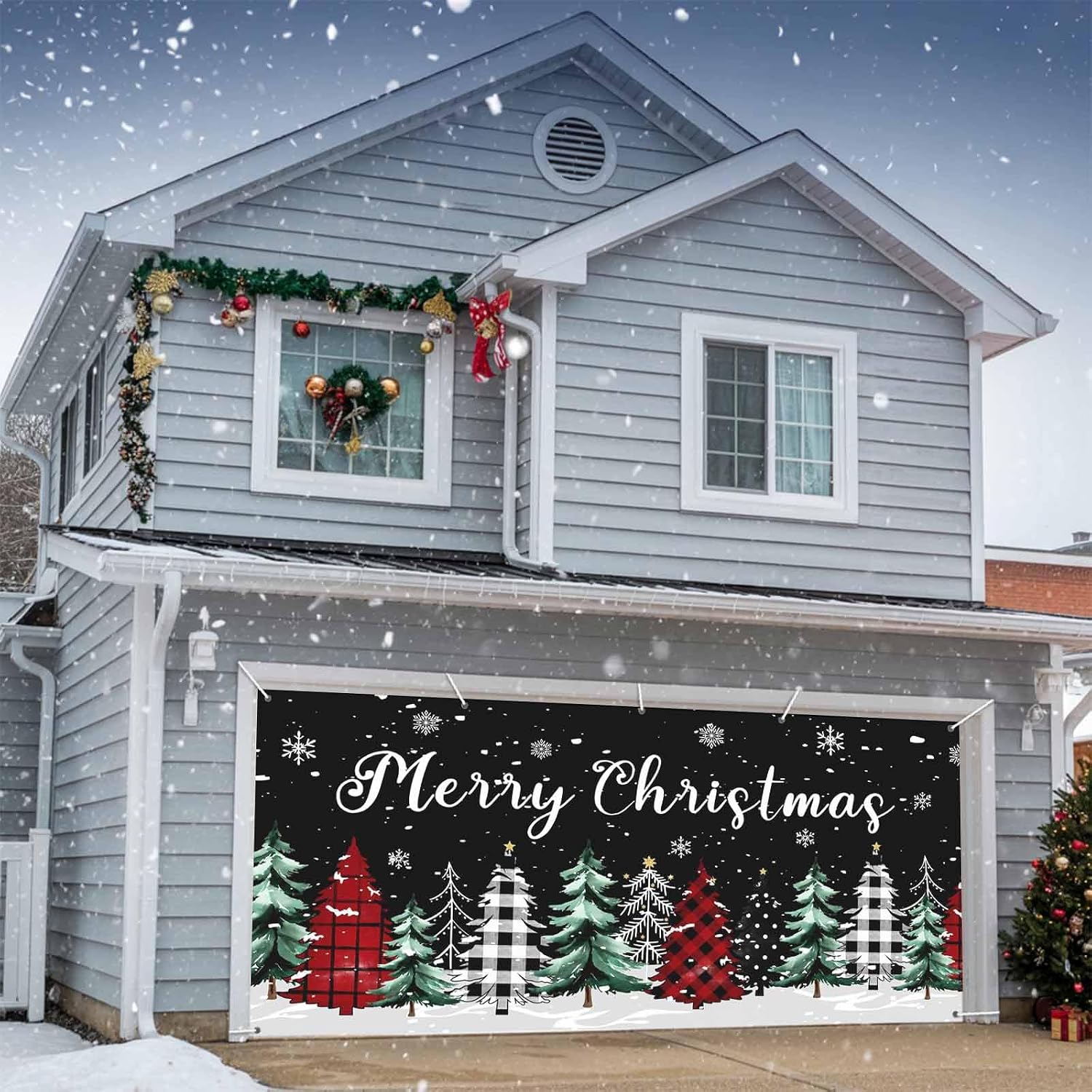 Black Christmas Tree Garage Door Banner Cover, Xmas Tree Hanging Christmas Garage Door Decorations, Snowflake Plaid Christmas Garage Door Covers Backdrop for Party Wall Decor 7x8Ft