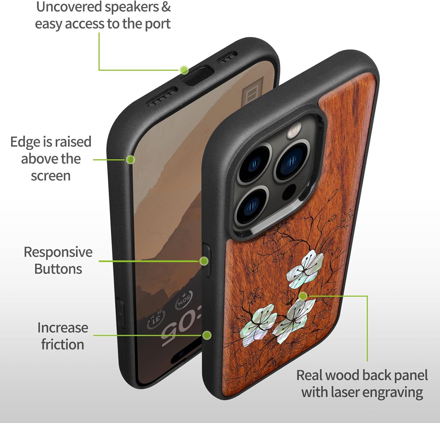 Carveit Designer Wooden Protective Magnetic Case for iPhone 14 Pro Case [Wood Engraving & Shell Inlay] Compatible with 14 Pro MagSafe (Whispering Sakura Blooms-Rosy)