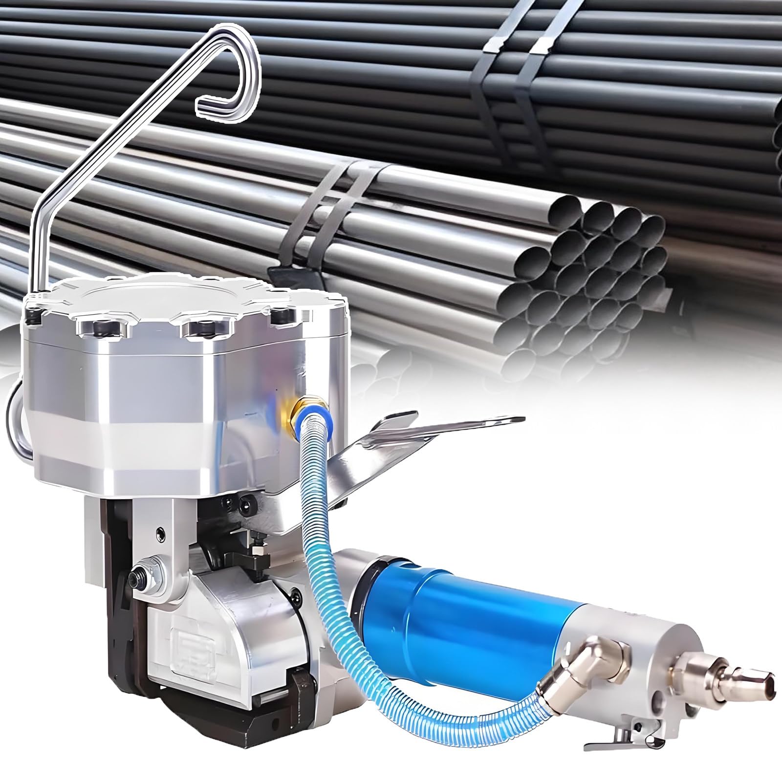 Pneumatyczna maszyna do spinania taśmą stalowo-drewnianą i aluminiową, siła naciągu 4200 N, zacisk 6300 N, konstrukcja całkowicie metalowa