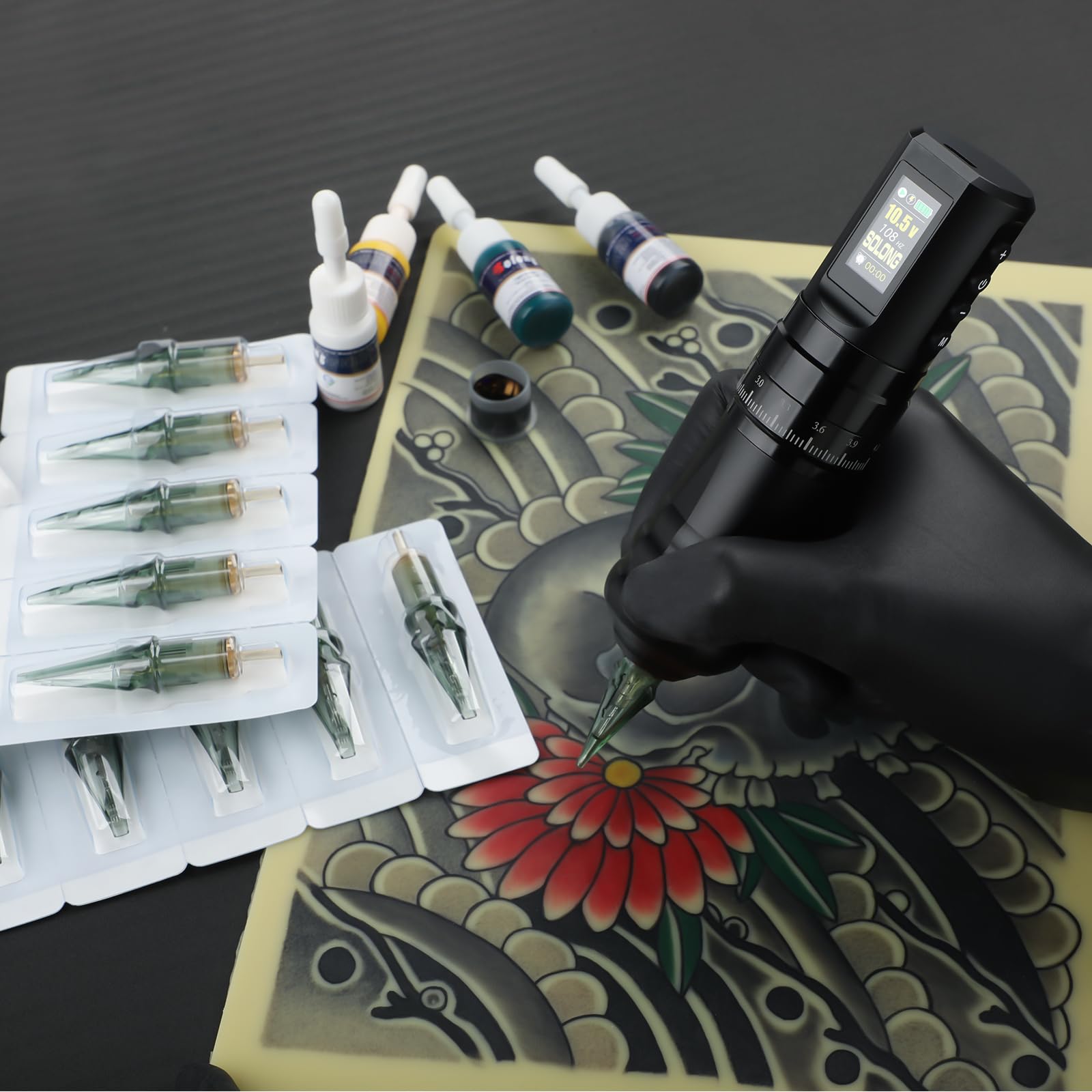 Kit máquina tatuaje Solong Set Profi, rotativa inalámbrica 1800mAh, LCD, 40 agujas, 8 tintas, ideal para principiantes y artistas, modelo SLE96EN01SEU-1