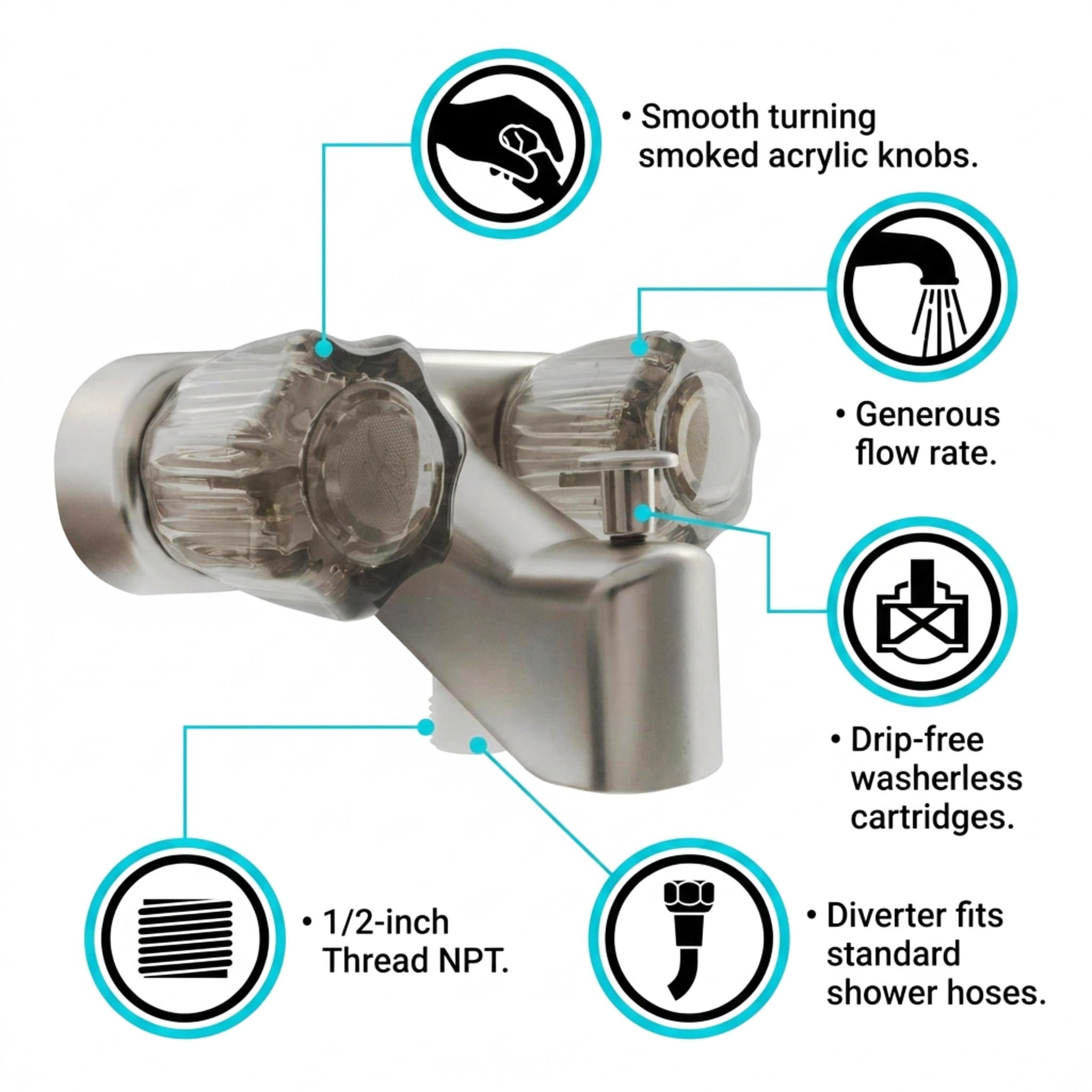 Dura Faucet - Grifo para bañera y ducha para vehículos recreativos, autocaravanas, remolque de viaje, etc., pomos acrílicos