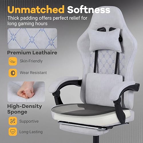 Miniatura 7 de Giantex Silla de juegos, silla ergonómica para computadora con reposacabezas, soporte lumbar, reposabrazos de conexión, respaldo reclinable y