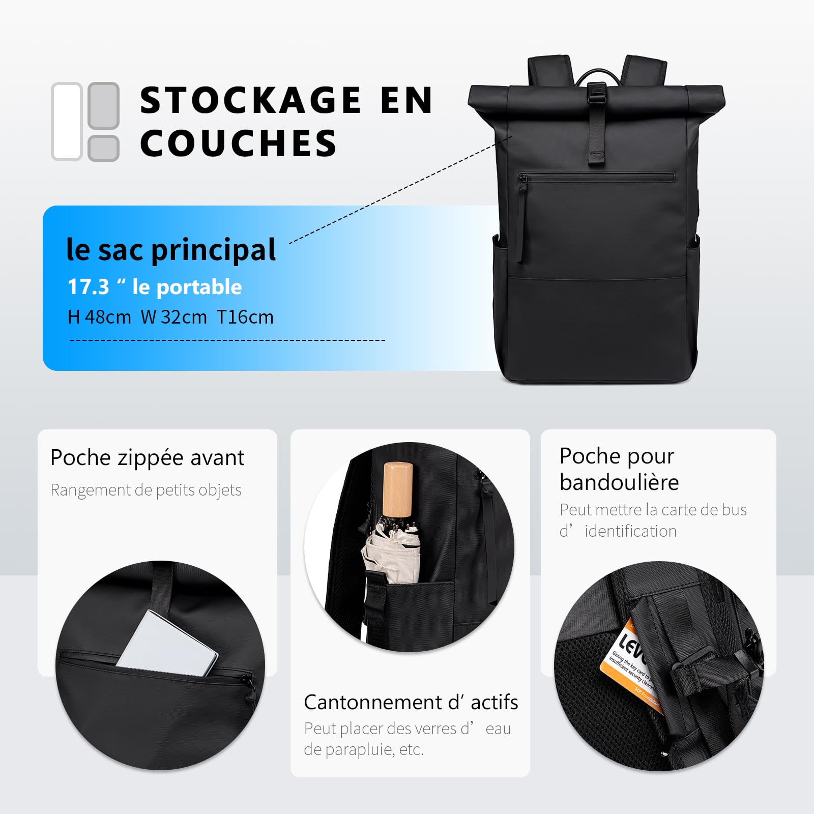Rolltop Sac à dos pour homme et femme - Grand sac à dos pour ordinateur portable - Étanche - Avec compartiment pour ordinateur de 16" - Sac à dos d'école - Sac à dos de voyage imperméable