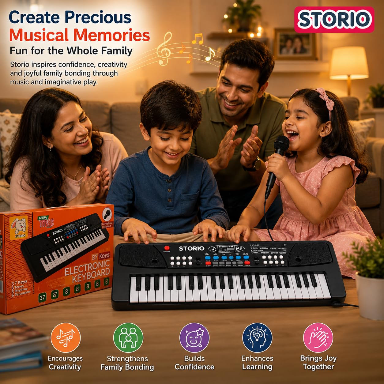 Storio Kids Piano Keyboard with Mic | 37 Keys, 8 Rhythms, 8 Tones & 6 Demo Songs | Electronic Musical Toy for Boys & Girls Age 2-5 | Educational & Recording Keyboard for Beginners — Amazon image 6