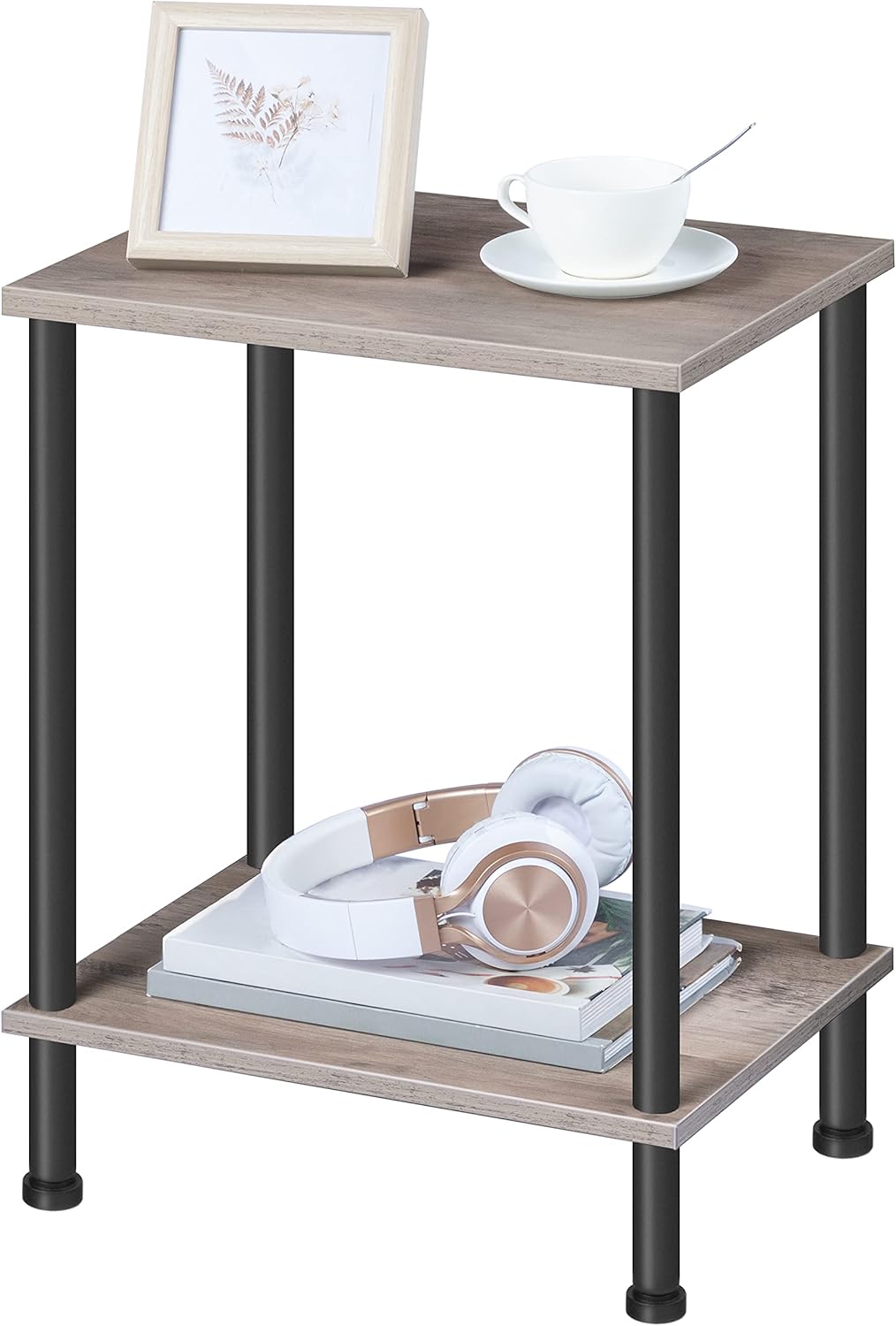HOOBRO End Table, Small Side Table, Nightstand with 2-Layer Storage Shelves, Sofa Table for Small Spaces, Living Room, Bedroom, Stable Frame, Easy Assembly, Greige and Black BG09BZ01