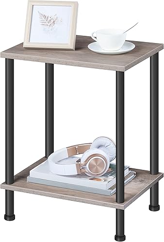 Miniatura 5 de HOOBRO Juego de 2 mesas auxiliares, mesa lateral pequeña, mesita de noche con estantes de almacenamiento de 2 niveles, mesa de sofá para espacios