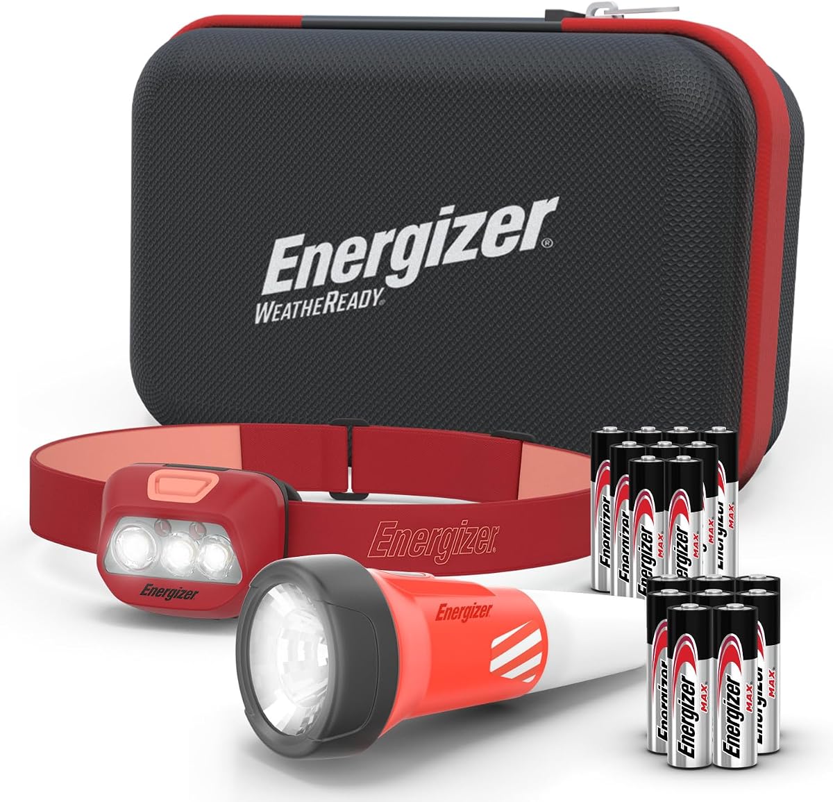 Kit de corte de energía WeatheReady con linterna LED 2 en 1, linterna frontal LED, resistente al agua IPX4, baterías AA + AAA de respaldo, estuche de almacenamiento, artículos de preparación para huracanes