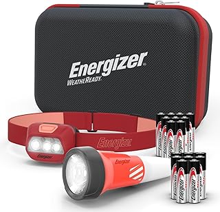 Energizer WeatheReady Power Outage Kit with 2-in-1 LED Flashlight Lantern, LED Headlamp, IPX4 Water-Resistant, Backup AA + AAA Batteries, Storage Case, Hurricane Preparedness Items
