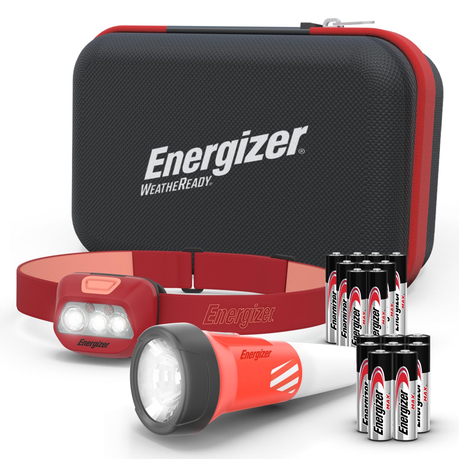 Energizer WeatheReady Power Outage Kit with 2-in-1 LED Flashlight Lantern, LED Headlamp, IPX4 Water-Resistant, Backup AA + AAA Batteries, Storage Case, Hurricane Preparedness Items