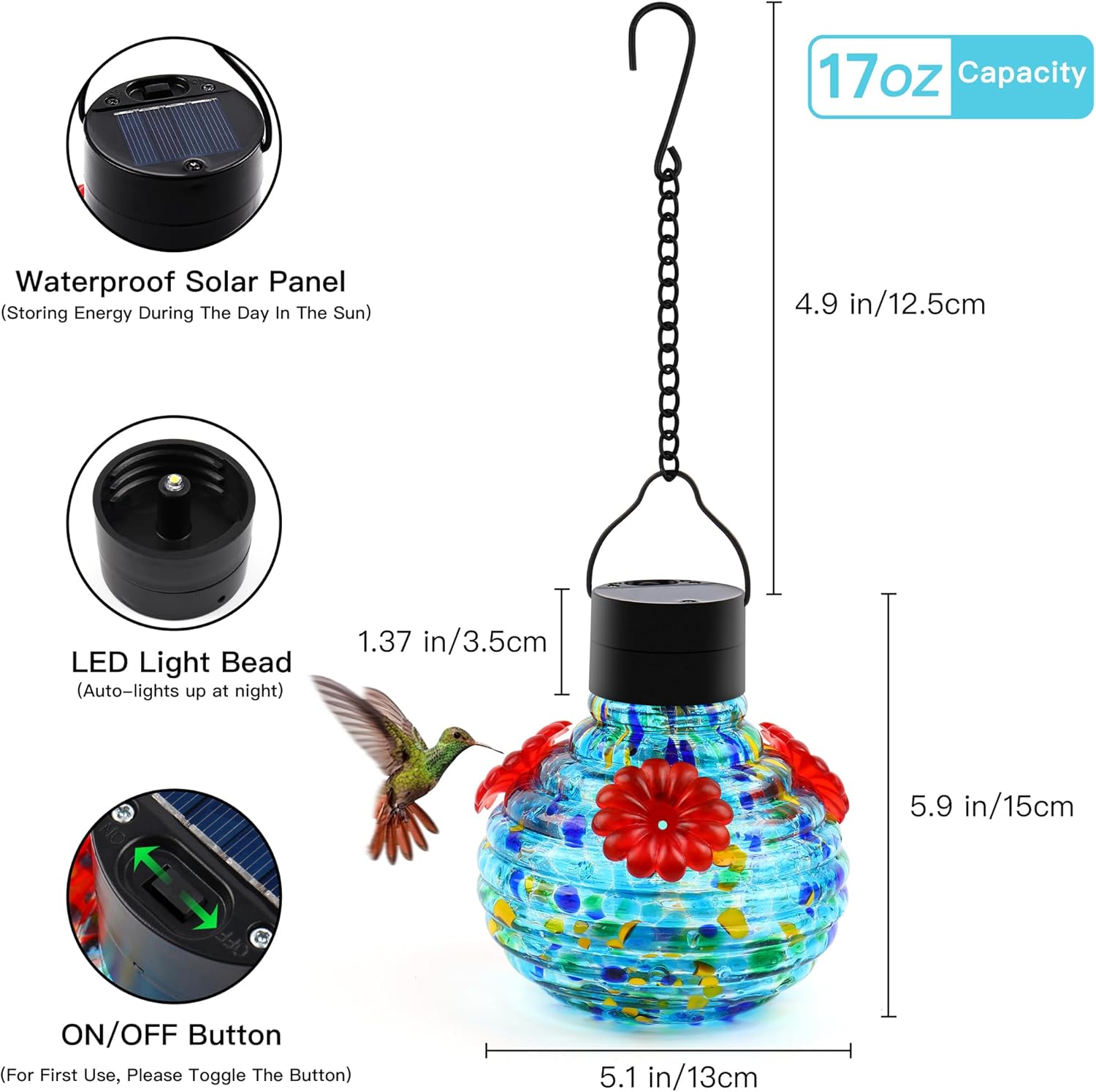 VOREEN Solar Hummingbird Feeder with Solar-Powered LED Light, Hand-Blown Glass 17 oz Hanging Outdoor Nectar Feeder, Waterproof Rust-Proof Easy-Clean Design, Eco-Friendly Garden Decor
