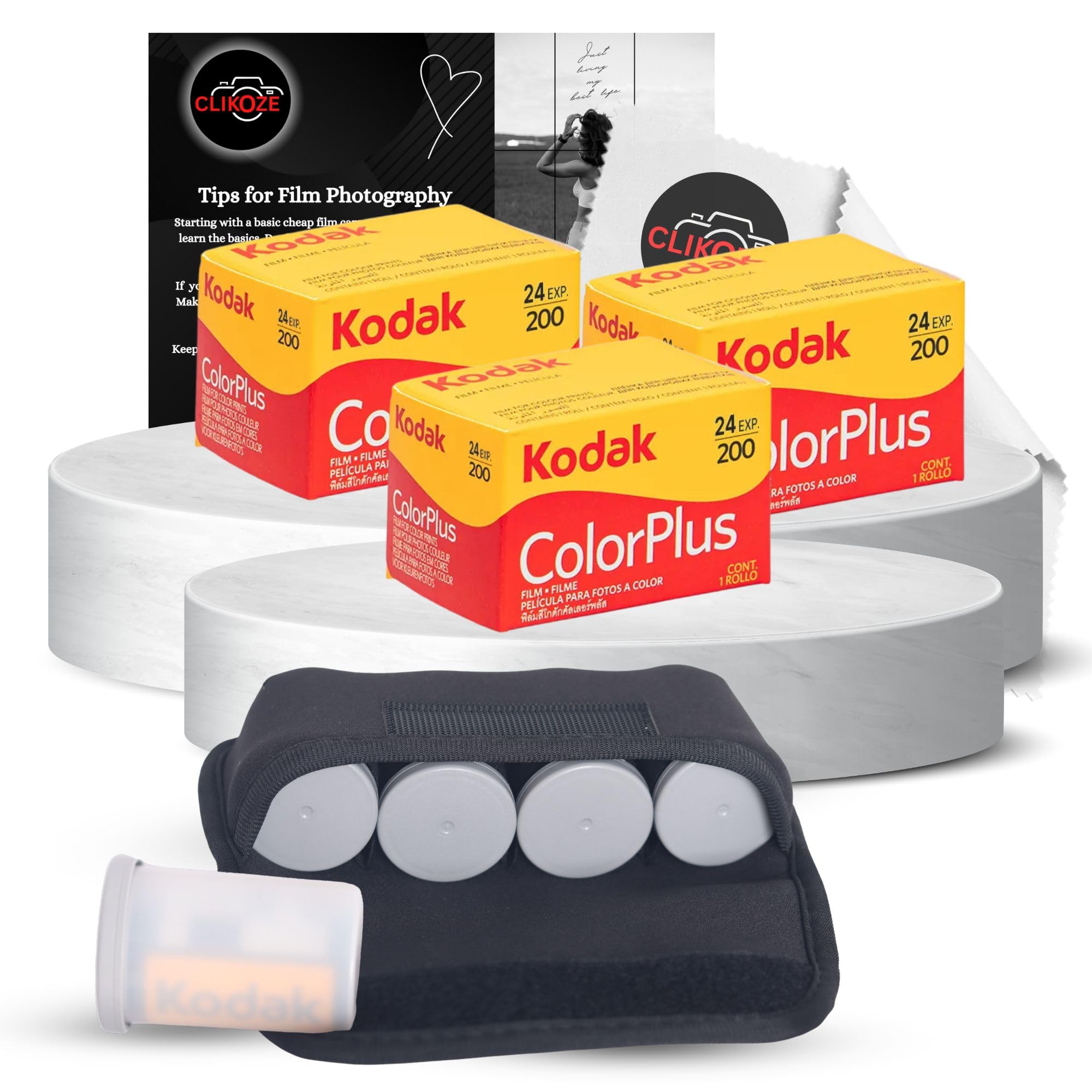 35mm Film Bundle with Kodak Colorplus 200 35mm Film Colour 3 Pack, Film Case and Photography Tips Card & Camera Lens Cloth