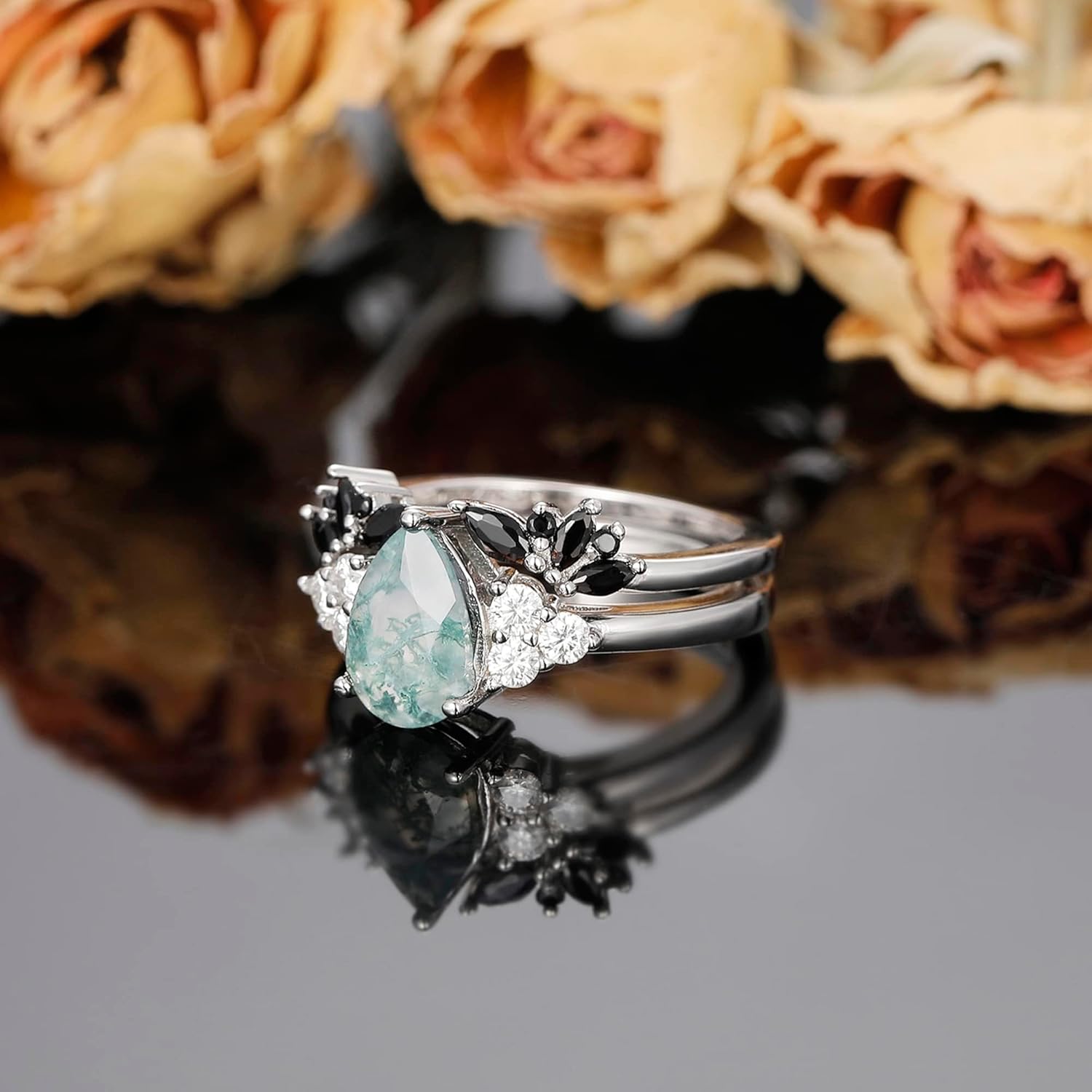 6x9mm Natural Pear Cut Moss Agate Bridal Ring Set,Cluster Genuine Moissanite Engagement Ring,V Shaped Open Ring Band, Sterling Silver Platinum, moss agate