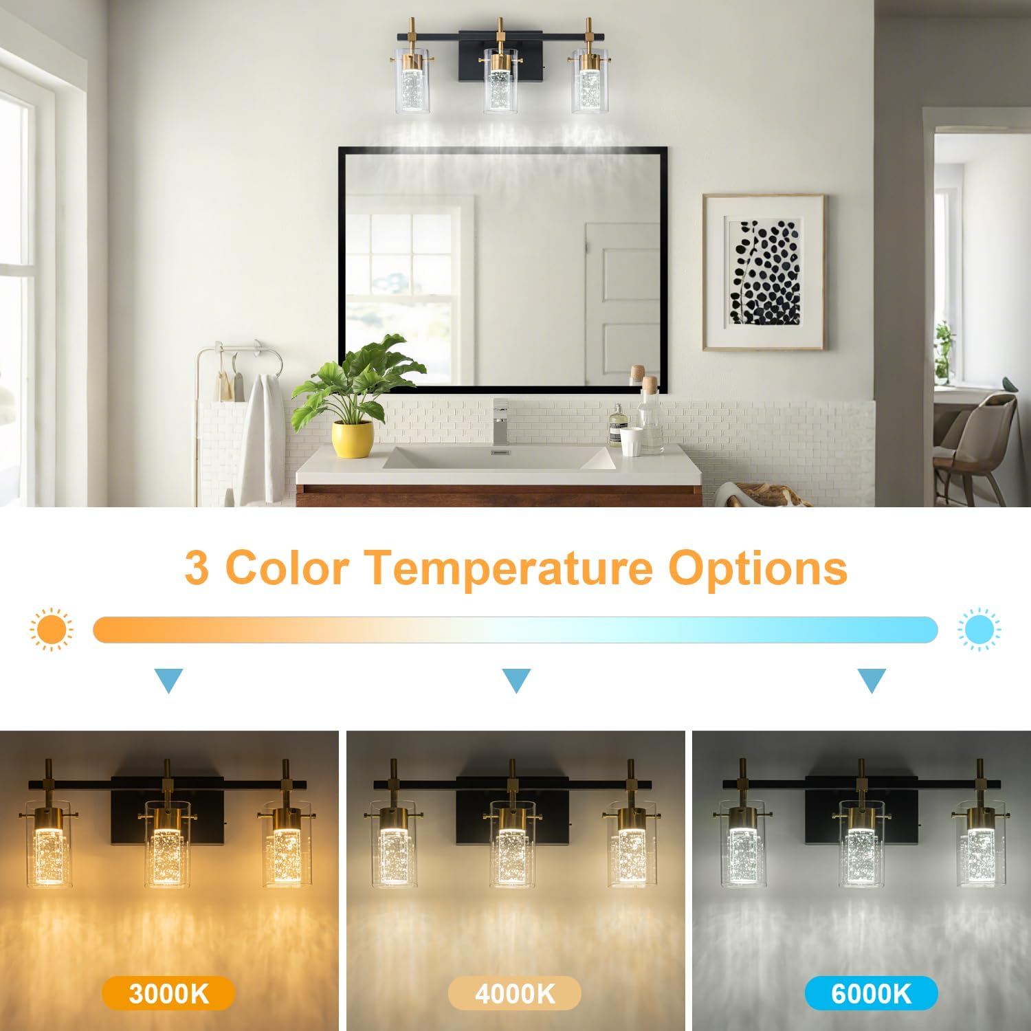 3-Light Black and Gold Vanity Light with 3 Color Modes (3000K/4000K/6000K),Dimmable Modern Wall Light Over Mirror,LED Bathroom Light Fixturewith Clear Glass Shade