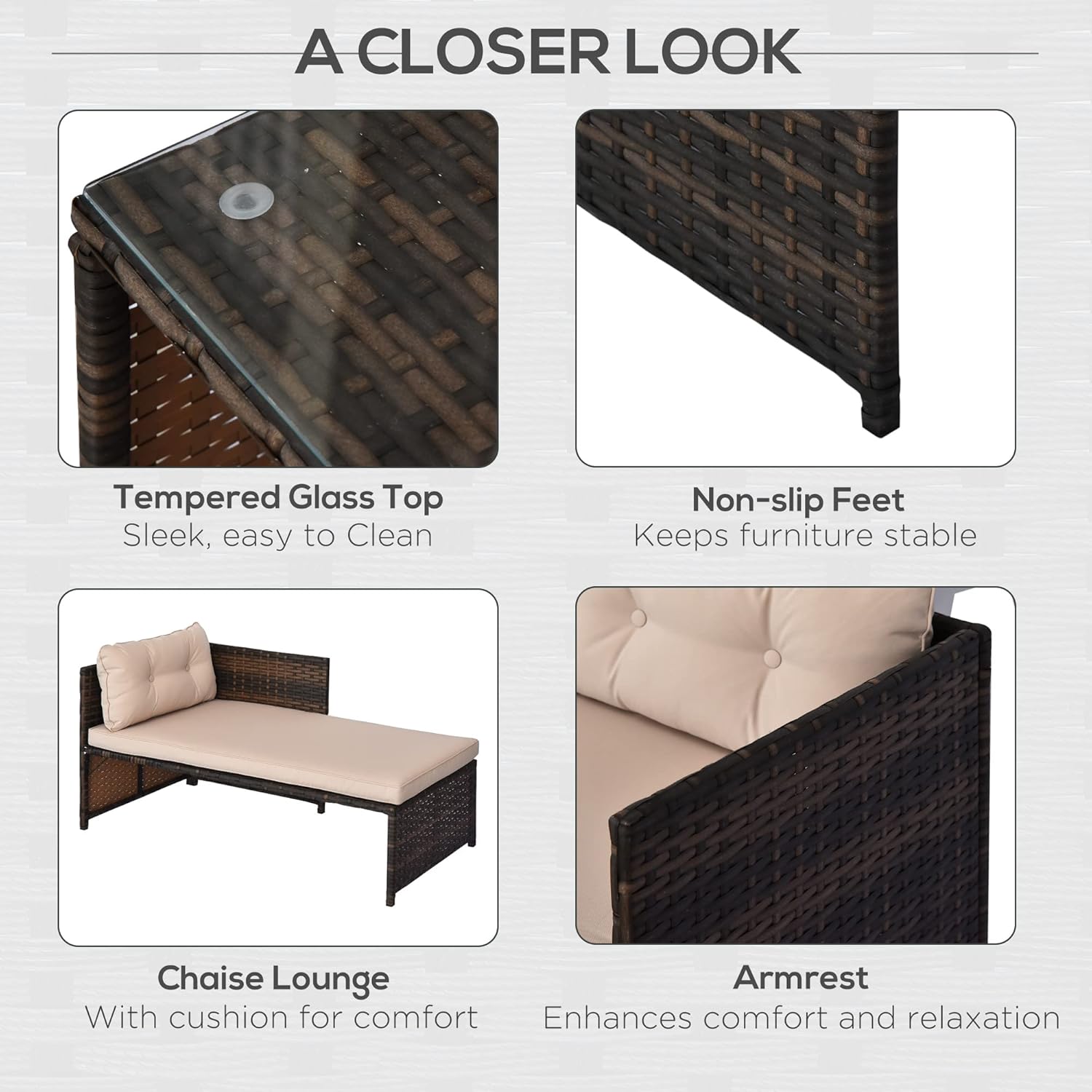 73" Modular Sleeper Sofa with Practical Tempered Glass Table, Freely Combined Chaise Lounge with Woven Rattan, Cloud Sectional Couch with Plush Thick Cushions for Patio Outdoor, Beige