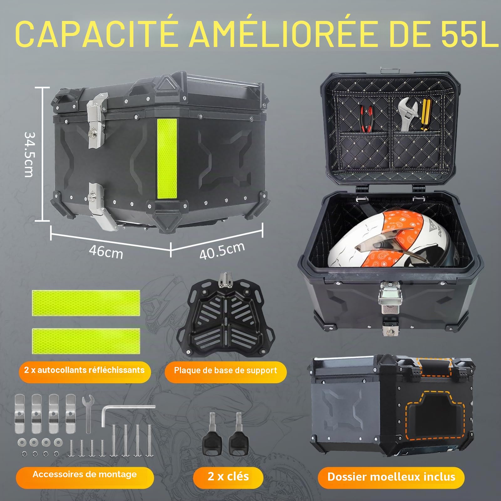 Top Case Moto 55L Universel Alu avec Dossier – Étanchéité IP68, Coffre Arrière Sécurisé Antivol, INCL. Plaque de Montage pour la Plupart des Motos & Scooters (Noir)
