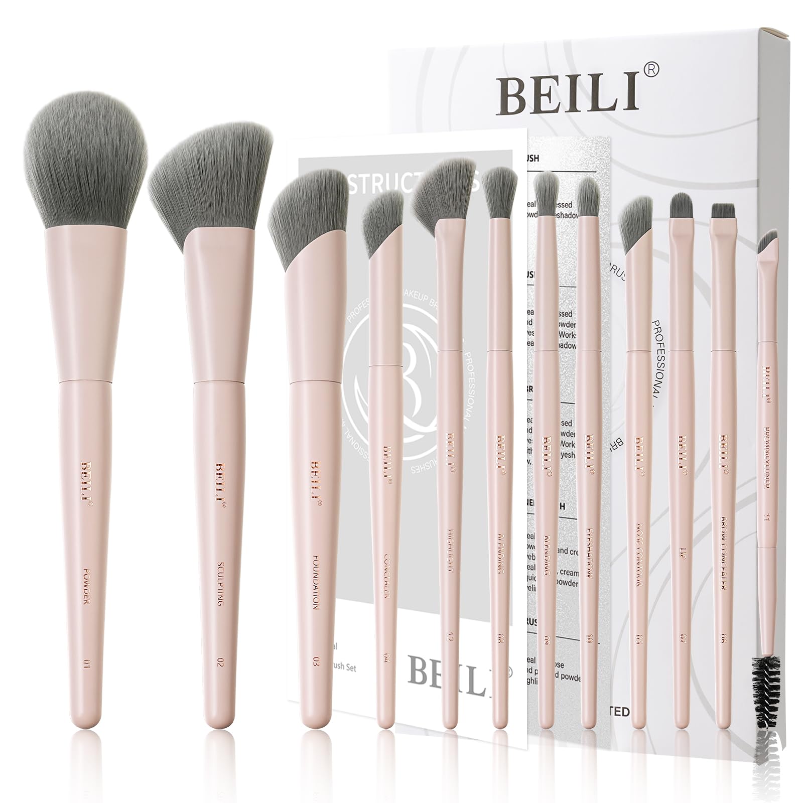 BEILI Set de pinceaux de maquillage roses, 12 pinceaux végétaliens pour fond de teint, correcteur, sourcils, ombre à paupières, contour, eyeliner et estomper.
