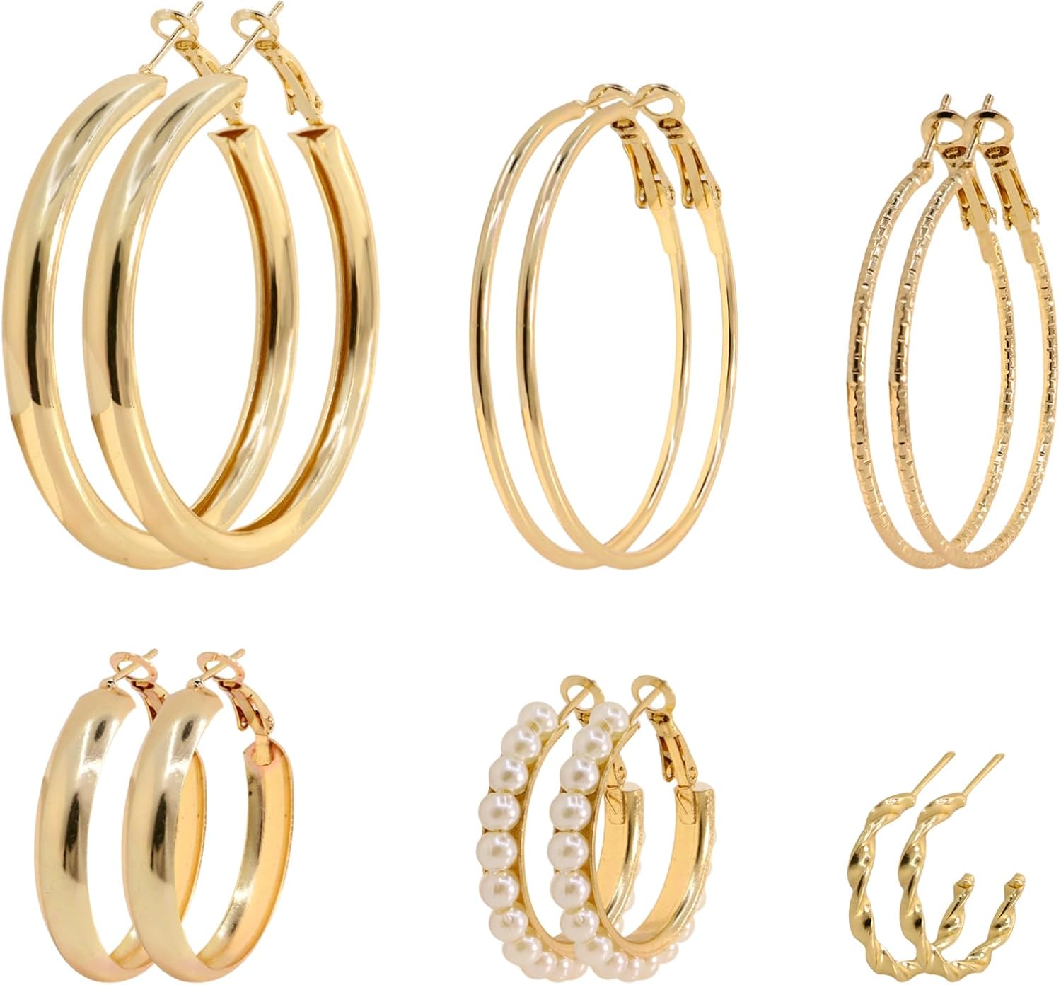 6 Pairs Gold Hoop Earrings Set for Women Fashion Lightweight Chunky Pearl Earrings Multipack Twisted Statement Earring Small Big Hoops Earrings Set for Women Jewelry Gifts