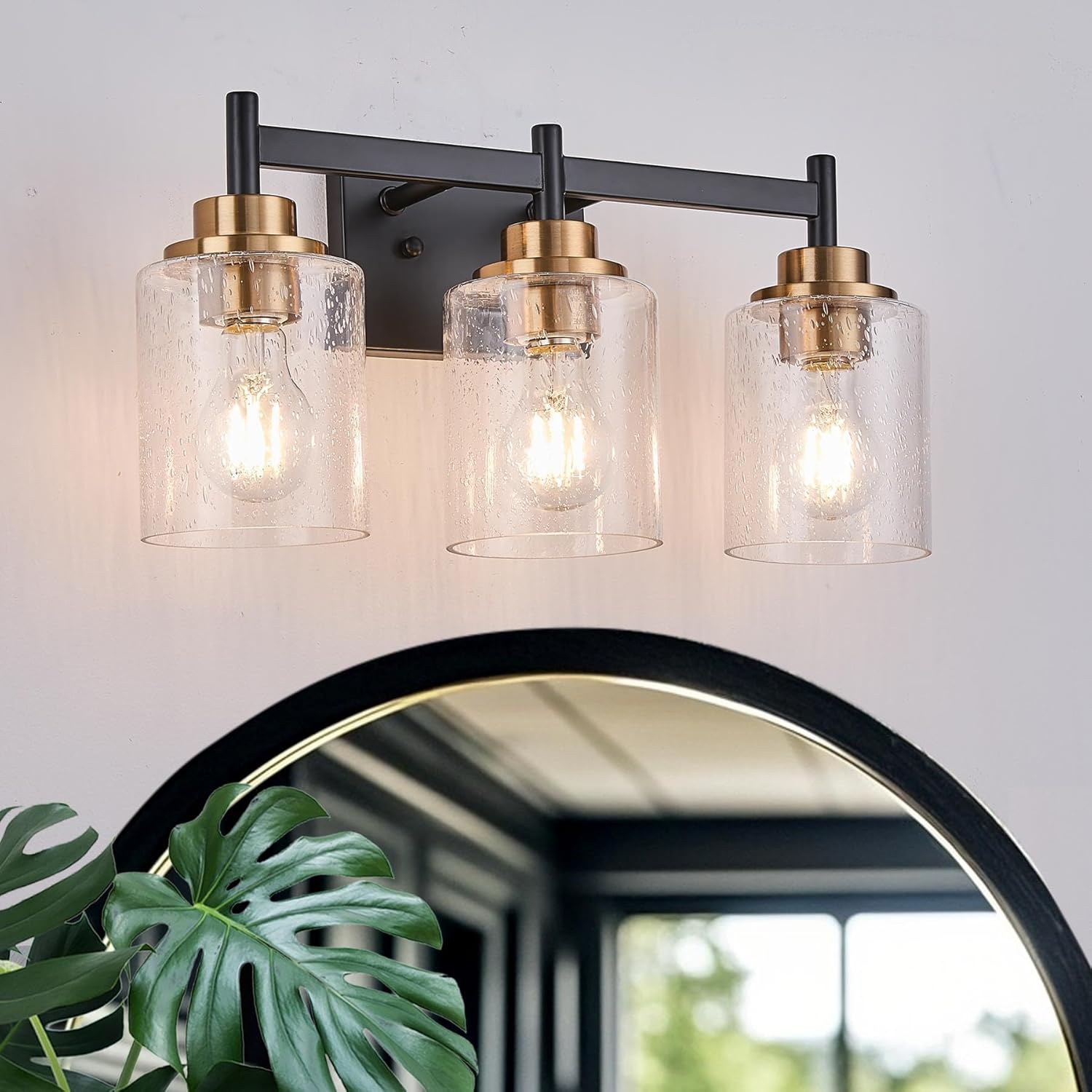 Bathroom Vanity Light Fixture, 18-inch 3-Light Black and Gold Bathroom Wall Sconce with Seeded Glass Shade, Modern Hardwired Wall Mounted Light