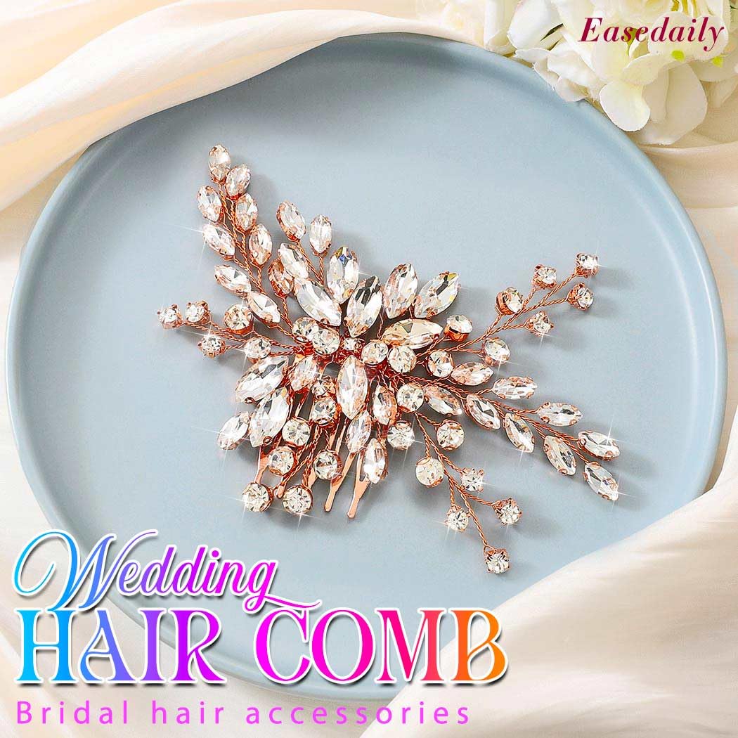 Bride Wedding Hair Comb Silver Crystal Hair Pieces Rhinestone Headpieces Bridal Hair Side Combs Hair Accessories for Women (C-Rose gold)