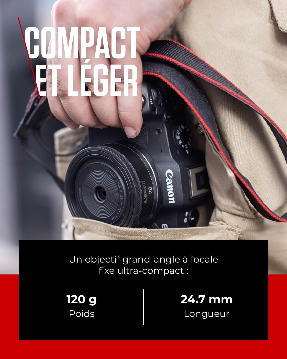 Objectif Canon RF 28 mm F2.8 STM, distance focale large, plein format, design "pancake", photographie paysage/voyage/rue, compatible Canon EOS R