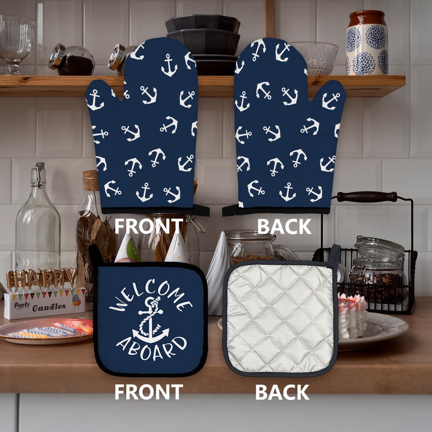 Navy Blue Nautical Anchors Boat Oven Mitts and Pot Holders Sets, Lake Beach House Gifts Oven Mitts, Welcome Aboard Navy Blue Over Mittens for Kitchen Decor, Nautical Over Gloves Gifts