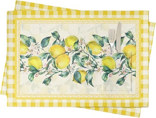 Manteles individuales rústicos de verano con hojas verdes de limón para mesa de comedor, juego de 2 manteles individuales de lino de algodón con