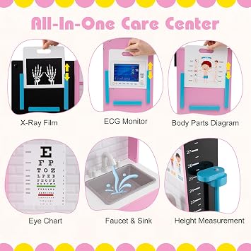 Costzon Kids Wooden Doctor Playset, Medical Activity Center w/ 29 Accessories, Examine Region, X-Ray Film, ECG Monitor, Eye Chart, Faucet & Height Measurer, Pretend Hospital & Vet Playset (Pink)