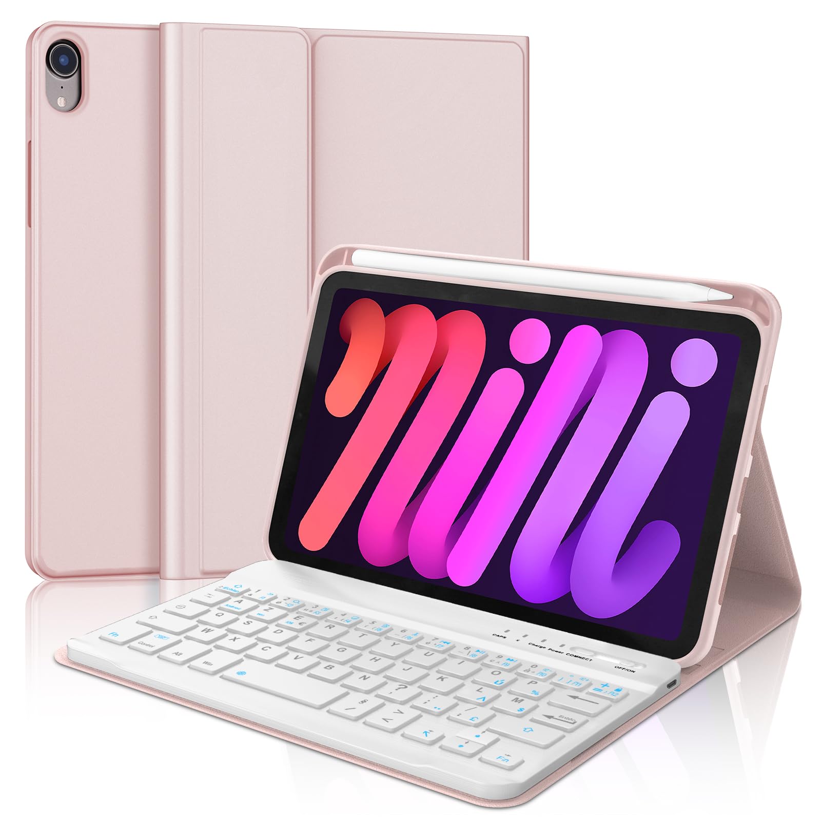 Funda Teclado para iPad Mini 7ª Gen(A17 Pro, 2024) & 6e Gen(2021) 8,3", AZERTY francés Funda Teclado Bluetooth Desmontable con Portalápices para iPad Mini 7/6ª Generación de 8,3 pulgadas, Rosa