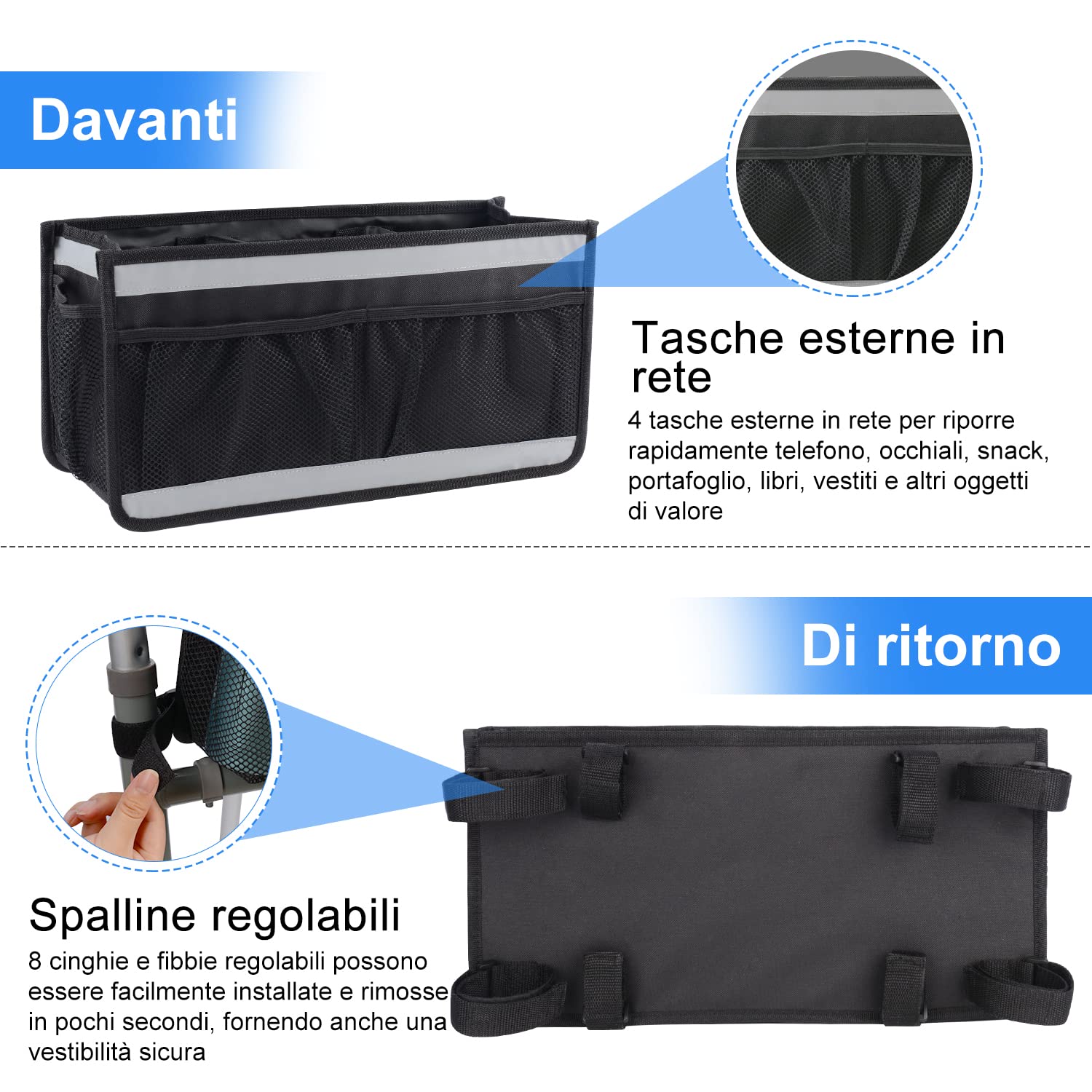 supregear Cestino Deambulatore, Borsa per Organizer per Camminatori di Grande Capacità con 4 Tasche in Rete e Strisce Riflettenti Borsa per Riporre Gli, Nero