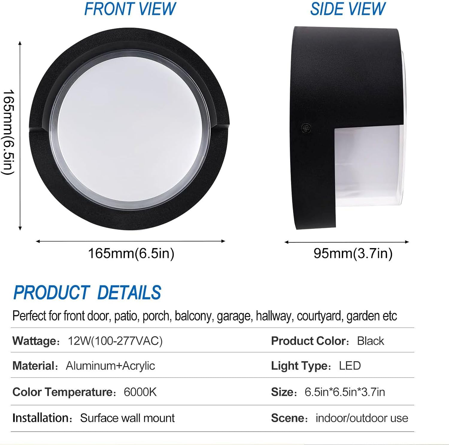 Modern Round Black LED Outdoor Wall Light, 12W 120V 6000K Cool Light Waterproof Wall Sconce, 6 Inch Aluminium Exterior LED Light Wall Mounted for Porch Patio Balcony Yard Hotel Store Shop