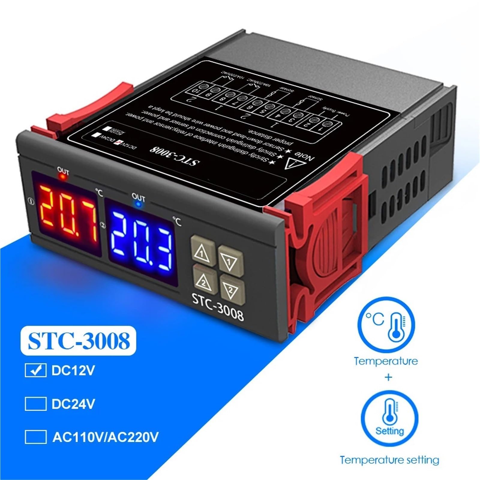 1 pz STC-3008 Doppio regolatore di temperatura digitale Due uscite relè 12 V/24 V CA 220 V Termostato termoregolatore con riscaldatore e raffreddatore(DC 12V)