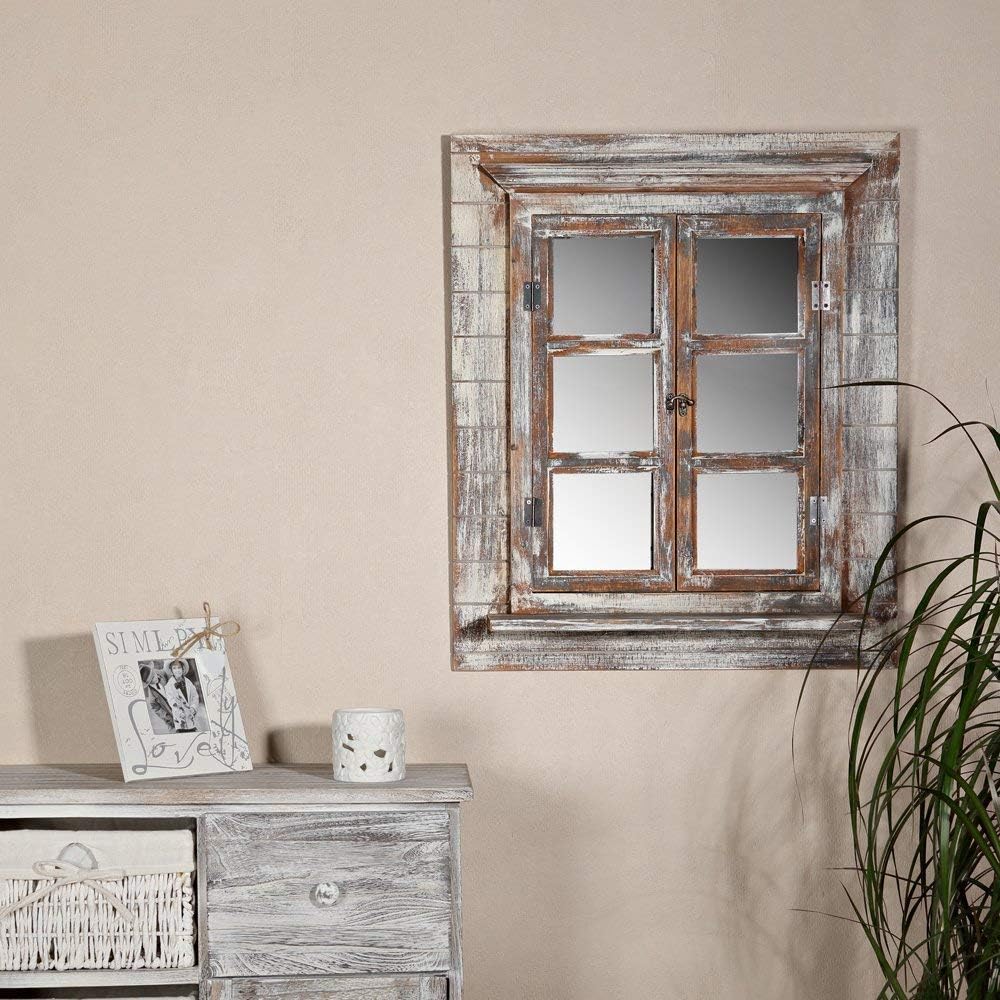 Melko Miroir mural, avec volets, 64 x 54 cm, fenêtre miroir shabby chic, avec étagère, portes de fenêtre, utilisable comme cadre photo, 13 x 13 cm