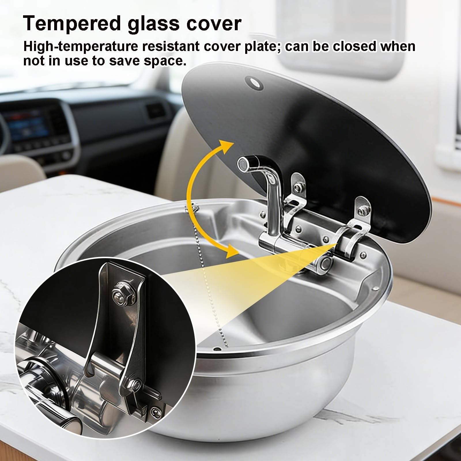 Lavello Rotondo RV 40cm, Lavello Camper a Incasso in Acciaio Inox 304, Piccoli Lavelli Cucina RV con Rubinetto Pieghevole & Pannello Fonoassorbente