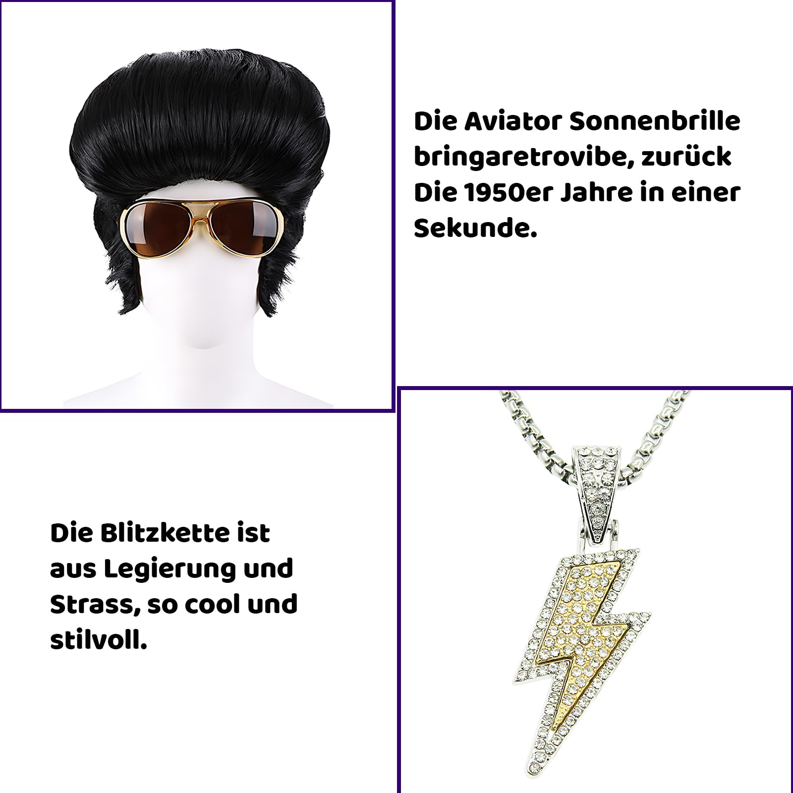 3 Pcs Set 50S Rock Legend Wig Accessories, Including Sunglasses Necklace, Men's Rock Singer Costume, 50 60 70S Style Disco Party, Halloween Cosplay - Image 3