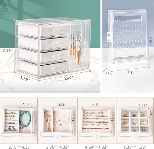 Miniatura 5 de Caja organizadora de joyas de acrílico, soporte transparente para aretes, cajas colgantes con 4 cajones de terciopelo y caja organizadora de joyas