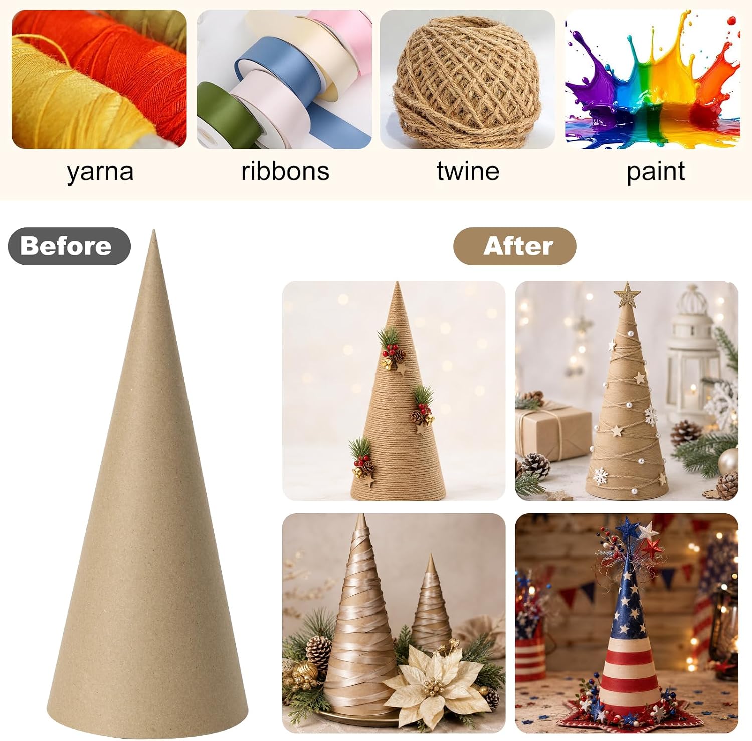 TFTAFAN 12 Pcs Thick Paper Mache Cones, Christmas Thick Cardboard Craft Cones Bulk for DIY Christmas Tree Ornaments, Art Supplies (6,8,10,12 Inches)